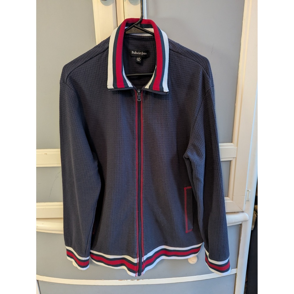 Bullock & Jones Mens Navy Waffle Knit Full Zip Jacket Striped Trim Large